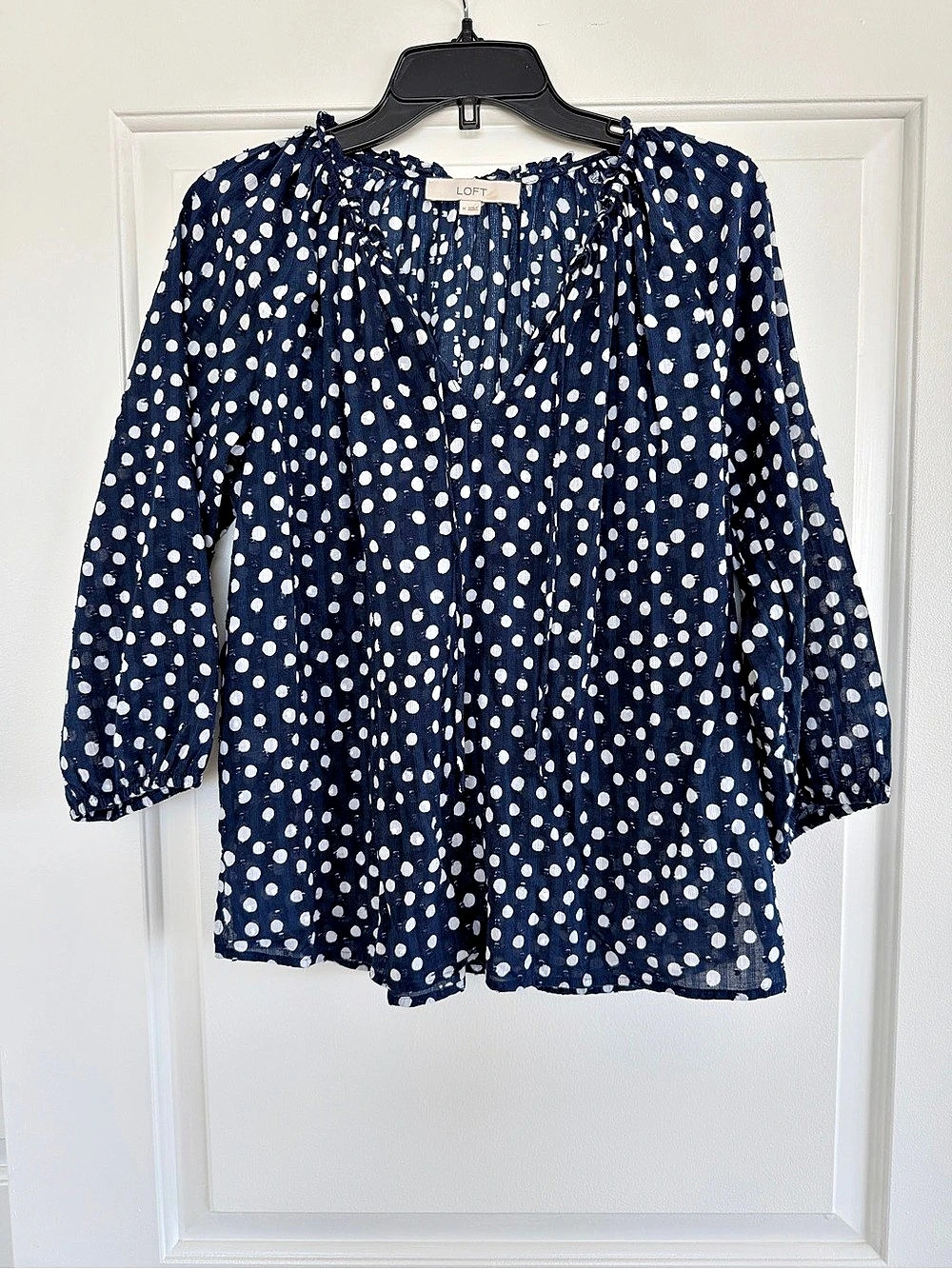 LOFT Polka Dot Tie Neck Long Sleeve Blouse in Blue & White Medium